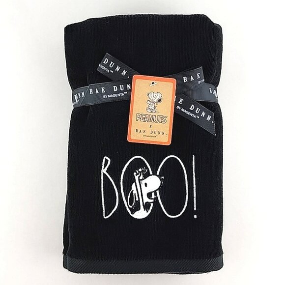 PEANUTS X Rae Dunn Set 2 Hand Towels Black White BOO! Snoopy Stich 100% Cotton - Picture 1 of 7